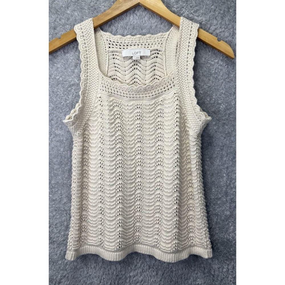 LOFT Womens S Cream Crochet Sweater Tank Top 100% Cotton Open Knit Boho